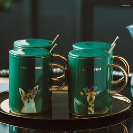 Mugs Nordic Gold Handle Animal With Lid Spoon Simple Creative Retro Ceramic Cup Personality Trend Coffee Glaze Cartoon Mug