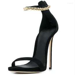 Dress Shoes Gold Chain Ankle Strap High Heel Sandals Black Suede Solid Stiletto Summer Cutouts Concise Women Party