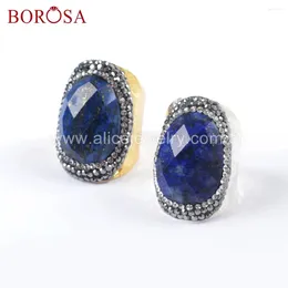 Cluster Rings BOROSA 6PCS Gold/Silver Colour Natural Lapis Lazuli Faceted Stone Druzy Crystal Paved Black Zircons Gems For Women JAB947