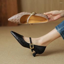 Dress Shoes Genuine Leather Mary Jane Embossed Sheepskin Thin Heel Pointed Buckle Shallow Mouth Medium Heeled