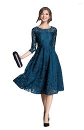 Casual Dresses 2024 Elegant Sexy Dress For Women Vintage Lace Long Sleeve O-Neck Black Blue Robe Femme Woman Party