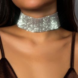 Ingemark Sparkling Silver Colour Crystal Collar Choker Necklace for Women Bridal Goth Rhinestone Clavicle Chain Elegant Jewellery