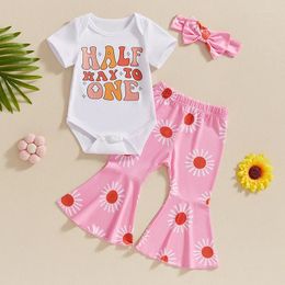 Clothing Sets CitgeeSummer Infant Baby Girls Birthday Outfit Short Sleeve Letter Print Romper Tops Floral Flared Pants Headband