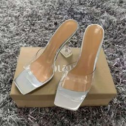 Transparent PVC Crystal Transparent High Heels Womens Slippers Fashion High Heels Womens Mule Sliding Summer Sandals 240516