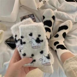 Women Socks Milk Cow Autumn Kawaii Thicken Cashmere Middle Tube Sweet Girls Soft Warm Korean Outwear Floor Wear Sockings