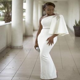 Evening Dresses Wear White One Shoulder Half Sleeves Mermaid Formal Beading African Dubai Women 2022 Long Sheath Prom Robe De Soiree Go 289W