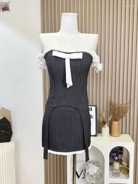 Work Dresses Fashion Women Design Outfits 2 Piece Skirts Set Grey Striped Bow Backless Tube Top Sweet Sexy Slim Wrap Hip Pencil Skirt