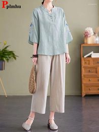 Women's Two Piece Pants Cotton Linen Thin Sets Women Loose Embroider T-shirt Tops Conjuntos Korean Casual High Waist Baggy Ankle Length