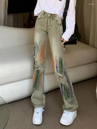 Women's Jeans Green Ripped Women's Holes Tie-Dye Wide Leg Vintage Skinny High Waist Trousers Female Y2K Harajuku Cargo Pants Streetwear