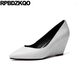 Dress Shoes Wedge Office Ladies White 3 Inch Women Fashion Work High Heels Genuine Leather 2024 Pointed Toe Medium Size 4 34 Spring