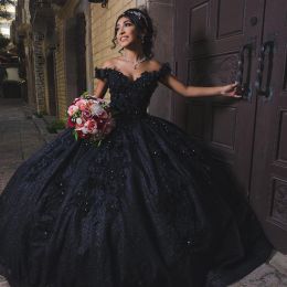 Angelsbridep Chic Black Quinceanera Elbiseler Korse Balo Gown Boncuk 3D Çiçekler aplike edilmiş Resmi Balo Doğum Günü önlükleri Prenses