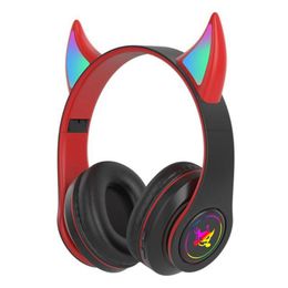 Devil Ear Bluetooth Headphones With Microphone Stereo Music RGB Flashing for Cell Phones Pc Gamer Gaming Headset Kids Boys Gift
