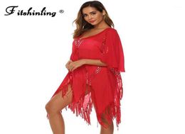 Fitshinling Irregular Fringe Boho Dress Swimwear Handmade Crochet Pareos Sexy Transparent Red Bikini Beach Cover Up Women039s7567760