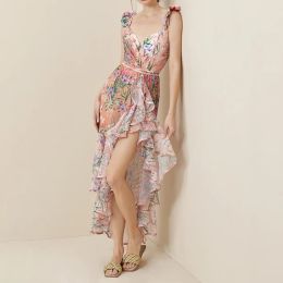 2023 New V Neck Floral Mediterranean Print Swimsuit Women Swimwear Holiday Designer Mesh Splicing Skirt Sarong Bathing Suit