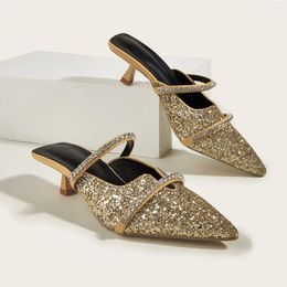 Slippers Glitter Purple/Gold Sequin Shoes Ladies Bling Belt Strap Pointed Toe Mule Woman Medium Heels Sandals Beach Slides Femme