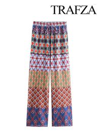 Women's Pants TRAFZA Women Fashion Vintage Printed Pockets Drawstring Design Long Woman Casual Loose Holiday Wide Leg Mujer