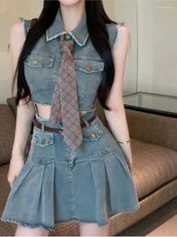 Work Dresses Mini Pleated Denim Skirt And Cropped Set Women Sleeveless Top 2 Piece Female Y2k Summer Pieces Outfits Suit