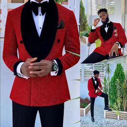 New Glitter Red Sequins Mens Tuxedos Groom Wear Wedding Blazer Suits Formal Business Prom Pants Coat Jacket 3 Pieces 303C