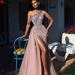 2022 Elegant Off Shoulder Long Prom Dresses Full Beaded For Arabic Women Sexy Front Split Formal Evening Pageant Gowns Robe De Soiree 5 304r