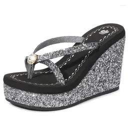 Slippers Platform Beach Sandals Women's Rhinestone 11CM High Heel Wedge Shoes Sequins Crystal Flip Flops Black Silver Size 34-40