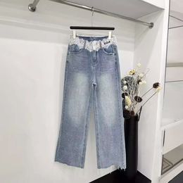 Basic & Casual Dresses Mm24 Spring/summer Sweet Fashionable Classic Contrast Lace Panel Diamond Design Soft Denim Pants