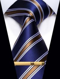 High Quality Blue Brown Sliver Striped Men's Tie With Clip Set Luxury Silk Necktie for Man Wedding Party corbatas para hombre