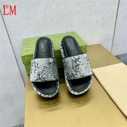 Designer Luxury Women Sequins Square Toe Glitter Silver Rubber Slides Platform Leather Slides Sandals New Sandal With Box