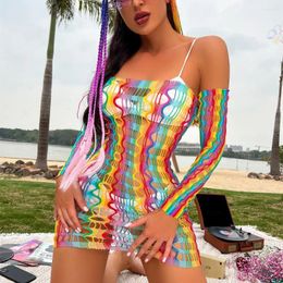 For Girls Summer Outfits Beach Wear Transparent Hollow Out Bikini Cover Ups Rainbow Swimsuit Fishnet Tank Tops Women Mesh Dress