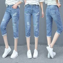 Women's Jeans Summer Ripped For Women Fashion Regular-fit Vintage Calf Length High Waist Capri Trousers Woman Jean Straight Pants E86