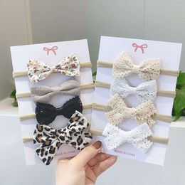 4Pcs/set New Cotton Linen Leopard Printed Bowknot solid Headband For Girl Ribbon Headwear Toddlers Band Infant Hair Accessories