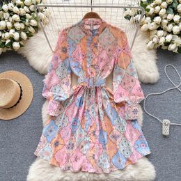 Casual Dresses Chic Print Elegant Half High Collar Lantern Sleeve Dress A-line Vacation Party Women Fashion Autumn Spring Vestidos