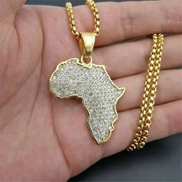 Hip Hop Iced Out Africa Map Pendant Necklace 14K Gold Rhinestones Necklace African Jewellery