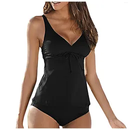 Women's Swimwear Plus Size Women Black Tankini Tummy Control Tank Top Retro Solid Swimsuit With Shorts Two Piece Bathing Suit