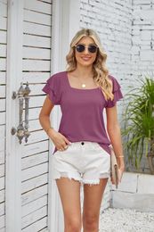 Women's T Shirts 2024 Summer Fashion Solid Square Neck T-shirt Double Layer Petal Sleeve Loose Top For Women