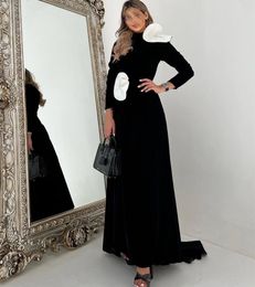 Elegant Long Sleeve Black Crepe Evening Dresses With Hand Made Flower Mermaid High Neck Sweep Train Zipper Back Prom Dresses Pleated for Women
