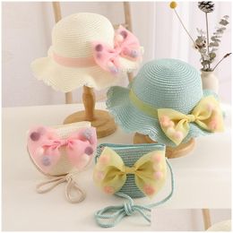 Caps Hats Fashion Baby Hat Summer St Bow Girl Cap Beach Children Panama Princess And Bag For Kids 2Pc Drop Delivery Maternity Accessor Otygv