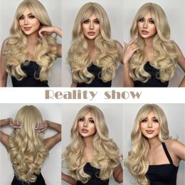 Natural Blonde Yellow Long Wavy Synthetic Hair Wigs with Bangs Women Body Wave Afro Female Wigs Cosplay Daily Hair