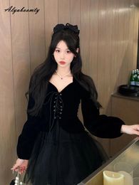 Casual Dresses Japanese Harajuku Women Black Mini Dress Velvet Bandage Patchwork Mesh Ball Gown Gothic Y2K Tulle Princess Short