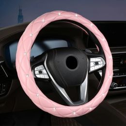 Diamond Soft Leather Anti-Slip Steering Wheel Cover with Crystal Universal 15 Inch for Women Girls Vehicle Sedan Trucks D7YA