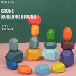 Rainbow Wooden Stones Building Blocks Colourful Stacking Balance Games Montessori Educational Toys For Children Creative Gifts