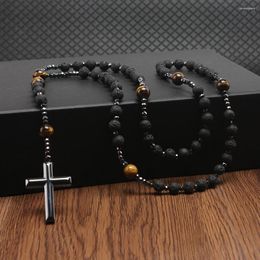 Pendant Necklaces Natural Lava Stone Tiger-eye Beads Long Necklace With Hematite Cross For Men Rosary Jewellery