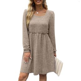 Casual Dresses Solid Dress Women Simple Square Neck Shrugged Long Sleeve 2024 Fall Winter Fashion Trend Layered Panel
