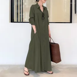 Casual Dresses Cotton Linen Long Dress Women Sleeve Pocket Shirt Fashion Office Ladies Loose Blouse Solid Retro Robe Vestidos