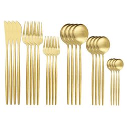 Gold Matte Cutlery Set Stainless Steel Tableware Set Knives Forks Spoons Silverware Western Dinnerware Set Kitchen Accessories Y079191606
