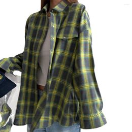 Women's Blouses Autumn Vintage Oversized Plaid Lapel Shirt Long Sleeve Pocket Loose Blouse Jacket Tops Versatile Casual Ladies