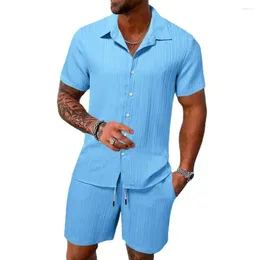 Men's Tracksuits Solid Colour Casual Men Outfit Lapel Shirt Elastic Waist Shorts Set Loose Fit Attire For A