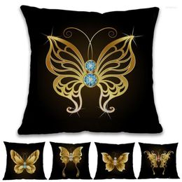 Pillow Black Background Diamond And Golden Butterflies Pattern Linen Throw Case Home Sofa Room Decorative Cover 45x45cm 238s