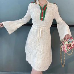 Casual Dresses 2024 Autumn/Winter Women White Dress Contrasting Polo Neck Flare Long Sleeve Mid Length Slim Hollow Knit With Belt