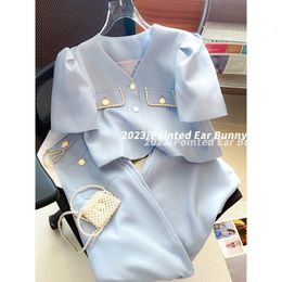 Cute Pants Shirt Twopiece Matching Sets For Women Streetwear French Little Fragrance Suit Summer Cool Korean Outfit 240516