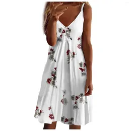 Casual Dresses V-neck Small Floral Print Women's Dress 2024 Elegant Summer Fashion Loose Vacation Sexy Mid-length Sling